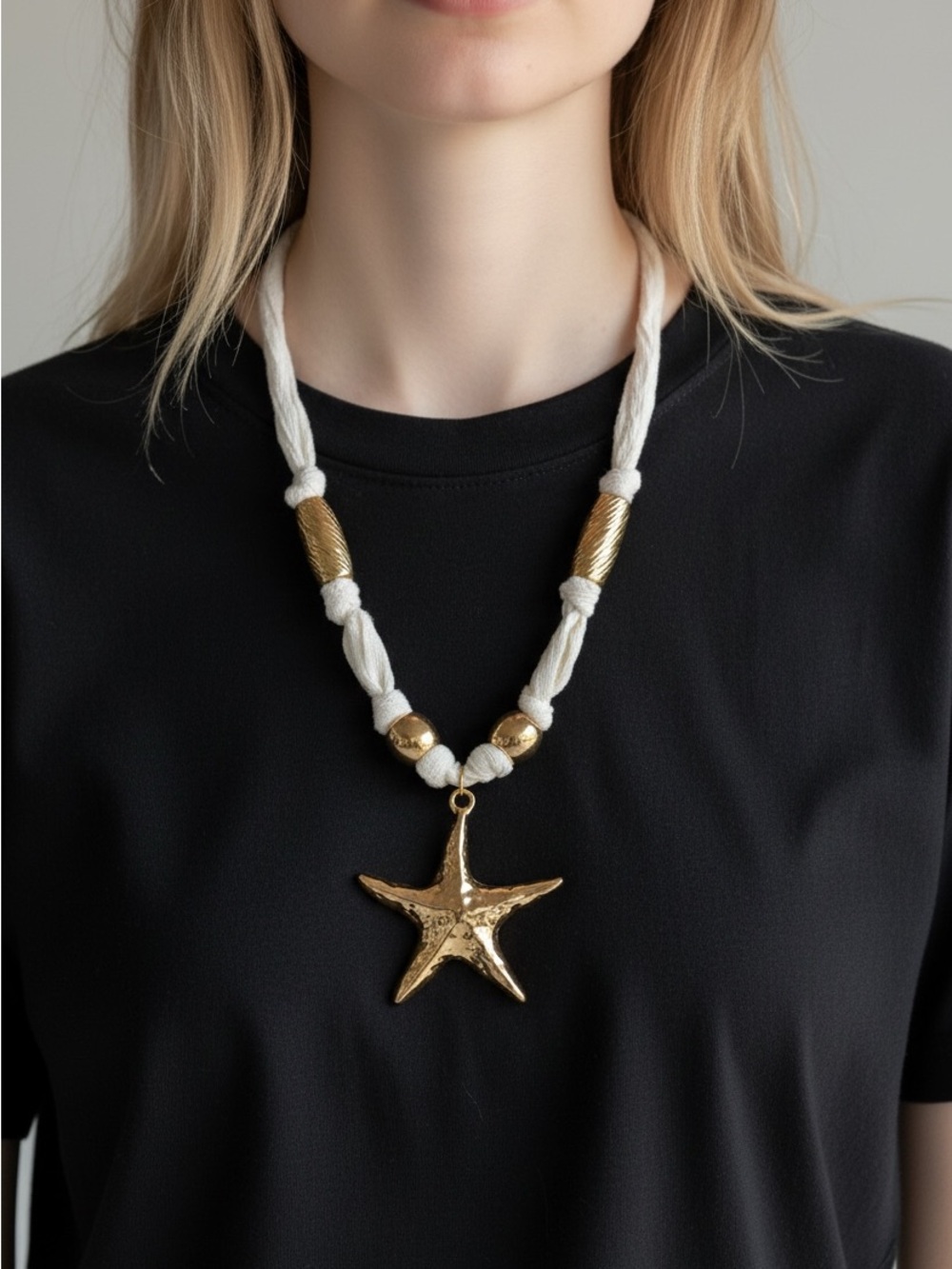 10/22 Gold Starfish Pendant Necklace - White Cord